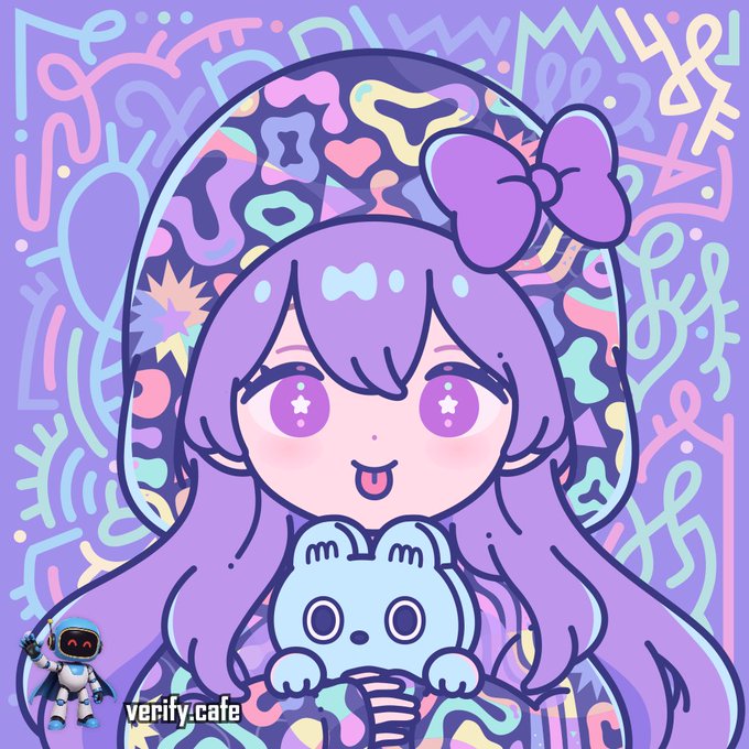 A digital illustration of an anime-style girl with purple hair and star-shaped eyes holding a small blue cat, with a 'verify.cafe' logo and astronaut mascot in the bottom left corner.