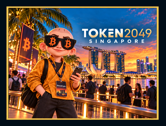 A cartoon character wearing Bitcoin-themed sunglasses and a "BitcoinCrypto" lanyard poses with a smartphone in front of Singapore's Marina Bay Sands skyline, with "TOKEN2049 SINGAPORE" prominently displayed above the event crowd. The image visually promotes the post's announcement of attending the TOKEN2049 crypto conference in Singapore and networking opportunities.