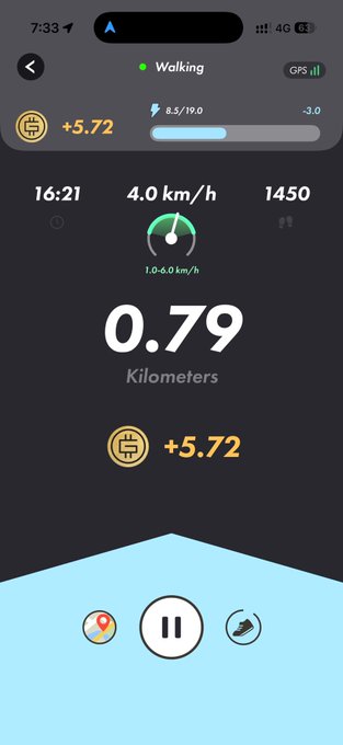 A screenshot of a walking tracking app showing 0.79 kilometers walked at 4.0 km/h with a duration of 16:21.