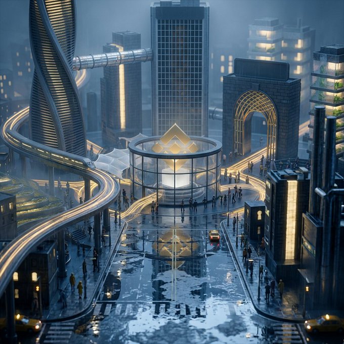 A futuristic cyberpunk cityscape at night featuring towering skyscrapers, elevated highways with light trails, and a glowing central monument with crowds of people walking through wet streets.