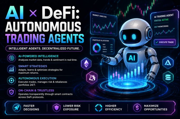 An infographic titled 'AI × DeFi: AUTONOMOUS TRADING AGENTS' highlighting features like AI-Powered Intelligence, Smart Strategies, and On-Chain Trustless operation, alongside a robot analyzing market charts and portfolios.