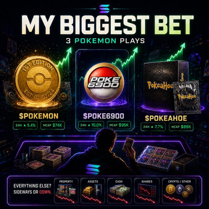 A vibrant crypto dashboard graphic titled "MY BIGGEST BET: 3 POKEMON PLAYS" highlights three trending tokens — $POKEMON (+5.4%, MCAP $74K), $POKE6900 (+10.0%, MCAP $95K), and $POKEAHOE (+7.7%, MCAP $89K) — each represented by glowing coin and card imagery, while a bottom panel contrasts these gains against red downward arrows for property, assets, cash, shares, and crypto, reinforcing the post's message that Pokemon is the lone bright spot amid an otherwise sideways or declining market.