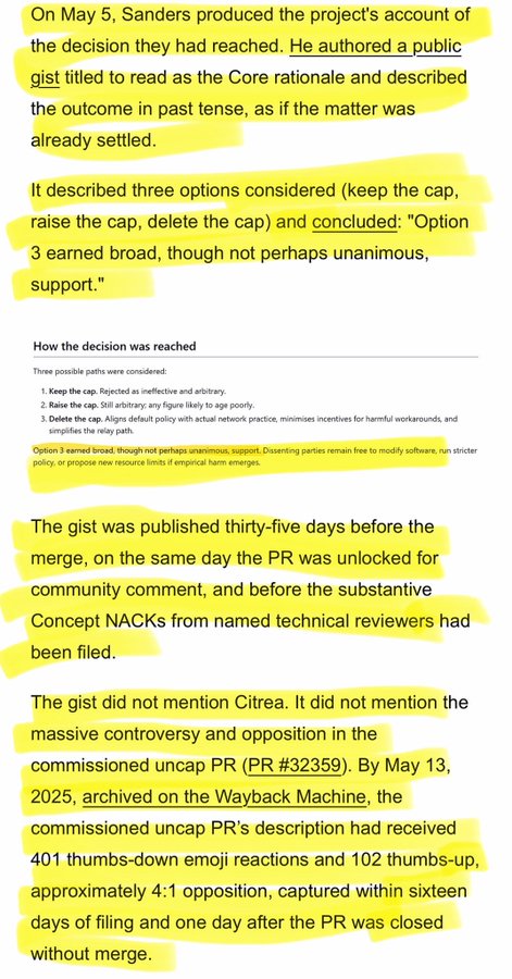 Highlighted text excerpts from a technical article discussing a decision process, mentioning options to keep, raise, or delete a cap, with 'Option 3' receiving broad support and references to PR #32359.