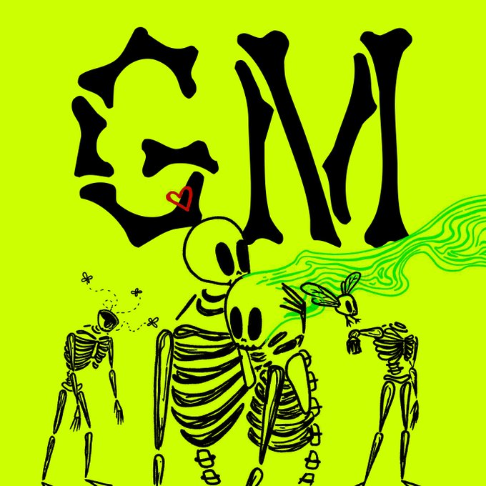 A vibrant neon green illustration features the text "GM" in bold black letters above a group of dancing skeletons, with one skeleton holding a small flower and green smoke swirling around, matching the post's cheerful "GM skels" greeting amid the playful defiance toward botters in the NFT collection.