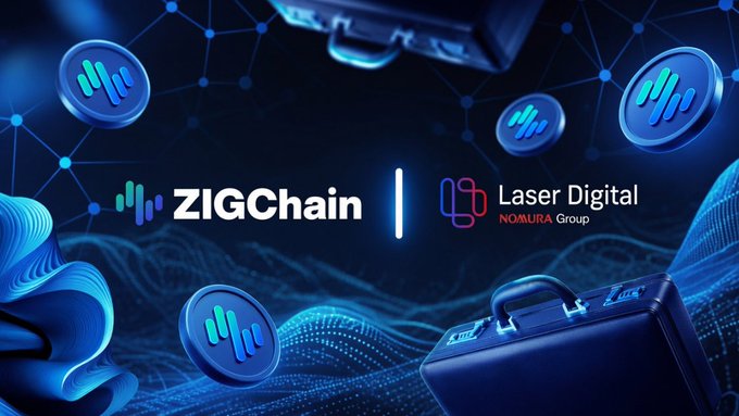 A promotional graphic featuring the ZIGChain and Laser Digital (Nomura Group) logos against a dark blue background with digital network imagery, briefcases, and ZIGChain coin tokens.