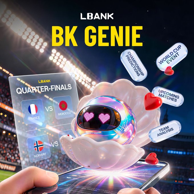 LBank's "BK GENIE" promotional graphic features a pearl-encased AI robot with heart-shaped digital eyes emerging from a smartphone, alongside a "QUARTER-FINALS" matchup card showing France vs. Morocco and Norway, with floating tags highlighting "Championship Predictions," "World Cup Event," "Upcoming Matches," and "Team Analysis" against a stadium backdrop.