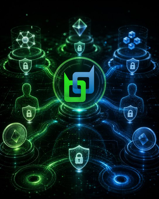A digital artwork depicting a cryptocurrency/blockchain theme with a central green and blue logo surrounded by glowing pedestals featuring Ethereum, Polygon, and other crypto symbols connected by light streams and shield/lock icons.