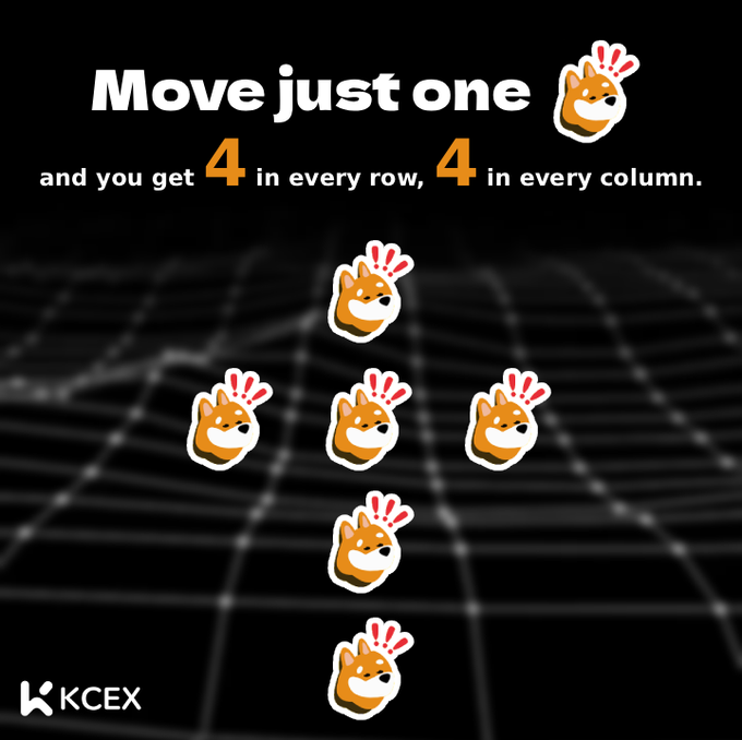 The image features a black background with white text that reads "MOVE JUST ONE AND YOU GET 4 IN EVERY ROW, 4 IN EVERY COLUMN." The text is surrounded by eight orange and brown stickers of a dog's head, arranged in four rows of two.
