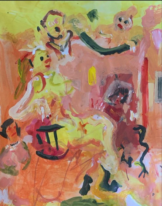 The image features an abstract painting with various elements, including people and animals depicted in different colors such as pink, yellow, green, black, and white. The painting has been done using a watercolor technique, giving it a unique texture and appearance. The artist's signature is visible at the bottom of the artwork.