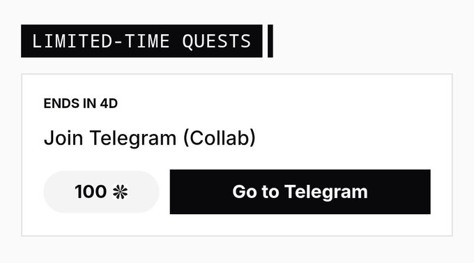 A limited-time quest banner offering 100 points for joining a Telegram Collab, ending in 4 days, with a 'Go to Telegram' button.