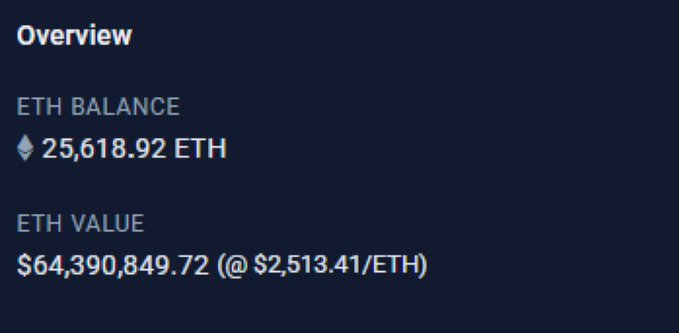 A dark-themed portfolio overview displays an ETH balance of 25,618.92 ETH, equating to $64,390,849.72 at a rate of $2,513.41/ETH. The figure highlights a massive commit of over $64.3 million to the @OriginalBlokyz public sale, illustrating the scale of capital being deployed amid a bullish market sentiment.