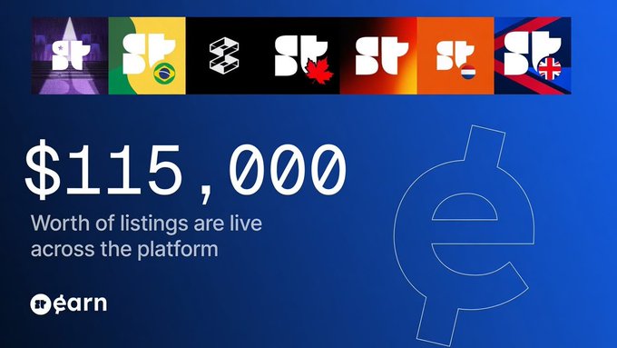 A blue promotional graphic displaying "$115,000" worth of listings live across the platform, with a row of country flag logos (Brazil, Canada, Netherlands, Norway) at the top and a stylized "e" logo.