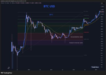 The image is a chart that shows the historical patterns of Bitcoin prices with its Fibonacci levels in 2013 and 2016. The chart highlights the peak and trough points, indicating whether an instant reaction has occurred or not. It also shows if there have been any bottoming moments in the past three years. Overall, it seems like the price of Bitcoin has followed a predictable pattern that the chart is able to analyze using Fibonacci levels as a reference.