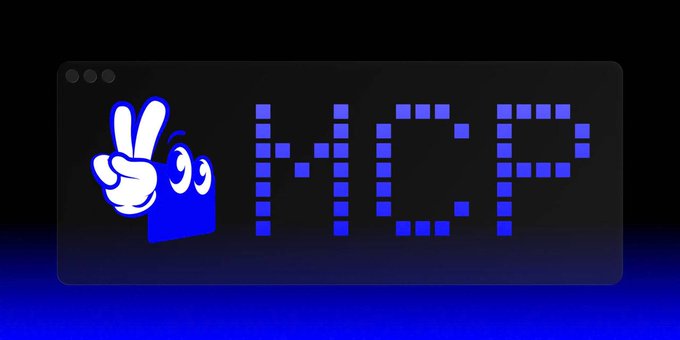 The image features a blue sign with white text that says "MCP" written in a block font. The sign also includes two cartoon characters, one of which has its hand raised in a peace sign. The background of the image is black, providing contrast for the white text and the colorful characters.