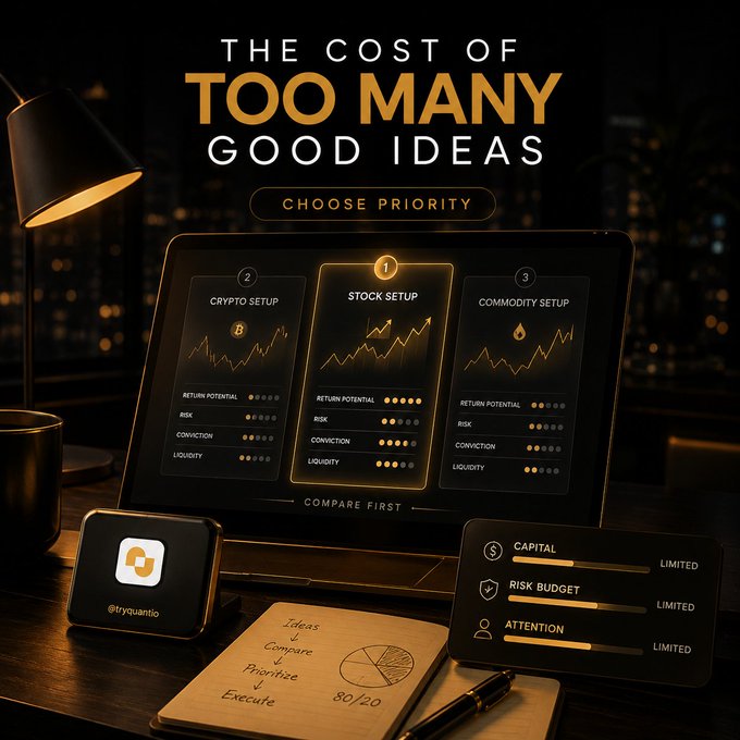 A stylized marketing graphic titled 'THE COST OF TOO MANY GOOD IDEAS' showing a comparison dashboard between Crypto, Stock, and Commodity setups, emphasizing the need to prioritize when capital, risk budget, and attention are limited.