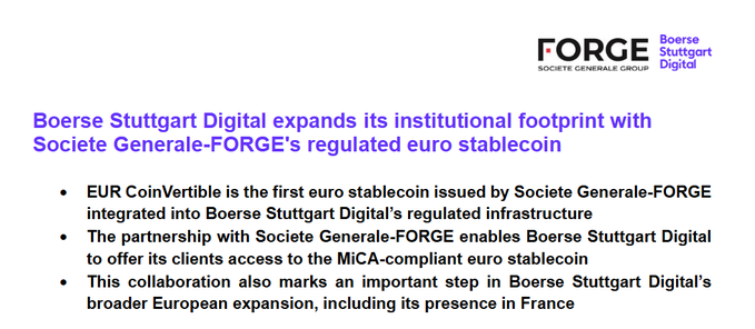 A press release headline from FORGE (Société Générale Group) and Boerse Stuttgart Digital announcing the expansion of Boerse Stuttgart Digital's institutional footprint with a regulated euro stablecoin.
