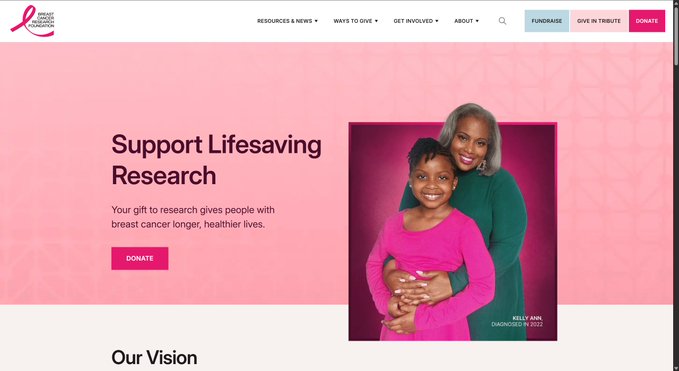 A pink-themed breast cancer awareness webpage featuring the headline "Support Lifesaving Research" with a "DONATE" button, alongside a photo of a woman and child captioned "KELLY ANN, DIAGNOSED IN 2022." The image reflects the $PINK token's charity-focused branding, tying breast cancer awareness and pink symbolism to its memecoin identity.