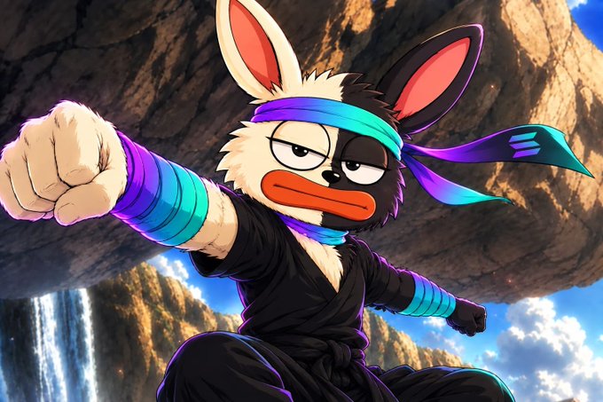 An illustration of an anthropomorphic black and white rabbit character in a fighting stance, wearing a colorful headband and wristbands.