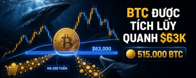 A crypto graphic in Vietnamese stating 'BTC ĐƯỢC TÍCH LŨY QUANH $63K' (BTC is accumulated around $63K) showing 515,000 BTC with a Bitcoin coin, whale imagery, and a candlestick chart.