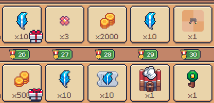 A daily rewards calendar from a mobile game showing items like feathers, pink gems, coins, and chests for days 26 through 30.