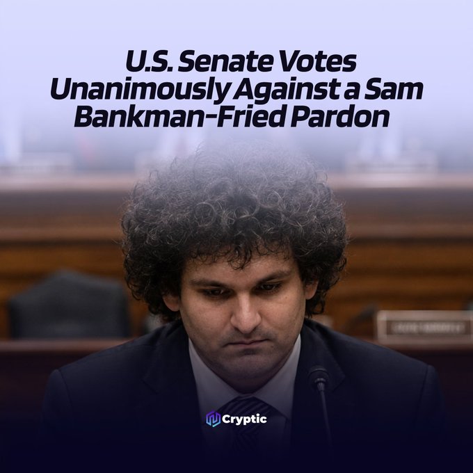 A man with dark curly hair in a suit stands at a microphone with a serious expression, overlaid with the text "U.S. Senate Votes Unanimously Against a Sam Bankman-Fried Pardon." The "Cryptic" logo appears at the bottom, visually representing the news that the U.S. Senate unanimously passed a resolution opposing any pardon or executive clemency for the convicted FTX founder serving a 25-year sentence.