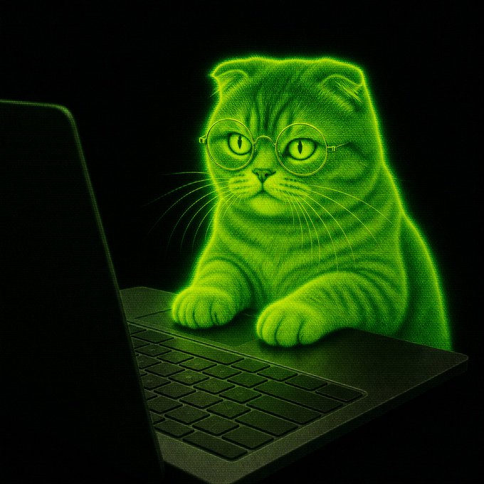 A glowing green digital cat wearing round glasses sits at a laptop keyboard, rendered in a luminous pixelated style against a black background.