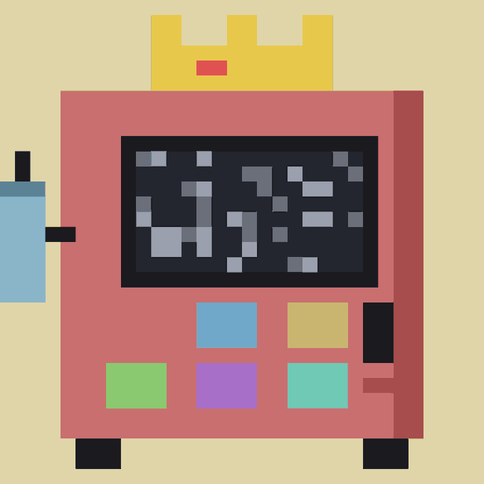 A pixel art illustration of a red machine with a yellow crown on top, a display screen, colorful buttons, and a blue side attachment. The crowned machine visually represents the "machines" the developer builds, complementing the post's gratitude to @NotRealCashper for building the community "room" around them.