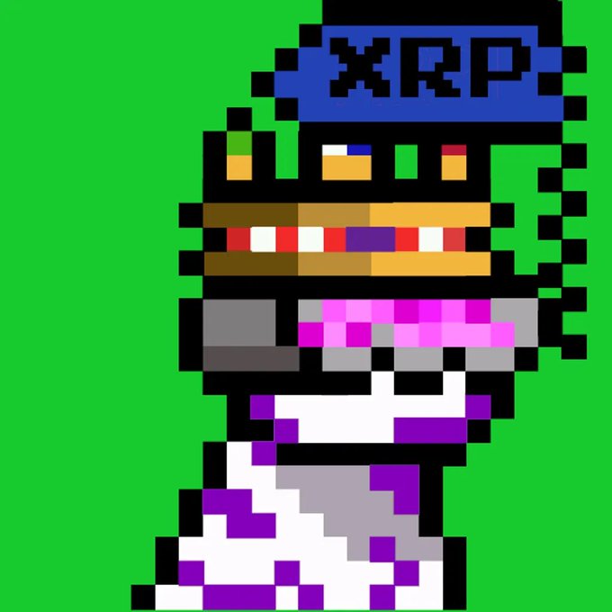 Pixel art illustration of a burger character wearing a blue 'XRP' cap, set against a solid green background.