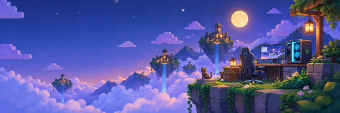 A pixel art illustration depicting a fantasy nighttime scene with a cloaked figure in a hood sitting at a computer desk on a cliffside, overlooking floating islands with castles under a full moon.
