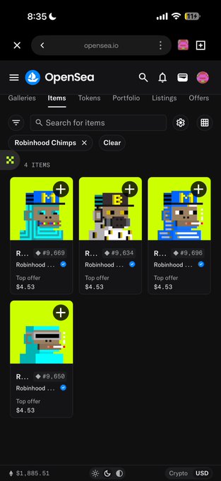 A screenshot of the OpenSea marketplace on a mobile browser showing four "Robinhood Chimps" NFTs from the "Robinhood" collection, all listed with top offers of $4.53 and priced at #9,669 and #9,696 ETH, totaling $1,885.51. The image supports the post's surprise at discovering they owned one of the NFTs people were bullish about, as it reveals their overlooked asset and prompts the question about its potential value.