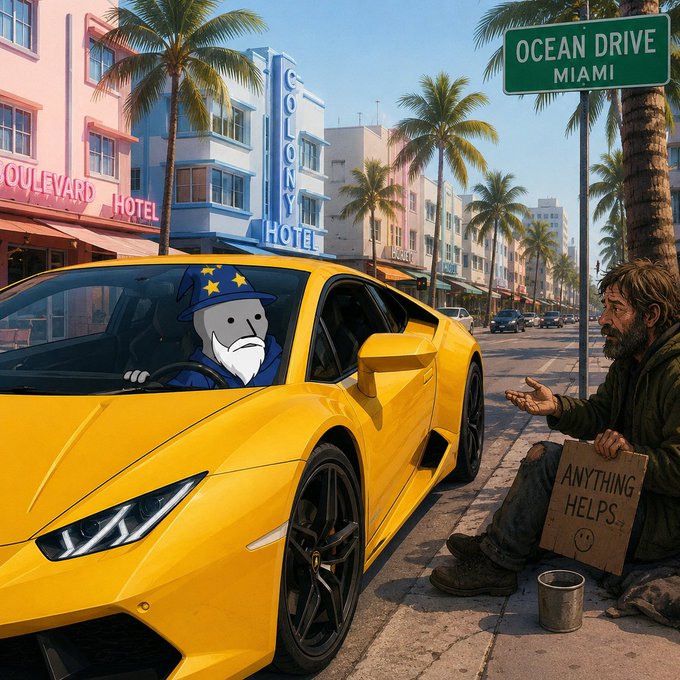 A satirical illustration depicting a wizard character with a stars-and-stripes hat driving a yellow Lamborghini on Ocean Drive in Miami, while a homeless man with a cup and "ANYTHING HELPS" sign gestures for assistance.