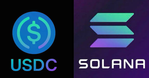 Image 6 displays logos of USDC (USD Coin) and Solana side by side on dark backgrounds.