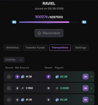The image shows a Coinbaseflip account named "RAVIEL" with a balance of 300,274/4287500 tokens, displaying recent betting transactions including three entries where $41.18 bets resulted in $82.36 payouts—directly supporting the poster's claim of a successful bet on the gambling platform.
