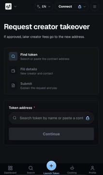 A mobile app screen titled 'Request creator takeover' for a token, with steps to 'Find token', 'Fill details', and 'Submit', along with a field to input a token address.