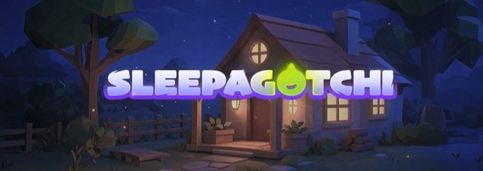 Game title screen reading 'SLEEPAGOTCHI' displayed in front of a cozy low-poly house at night with glowing windows and a starry sky.