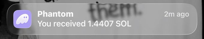A Phantom wallet notification showing 'You received 1.4407 SOL' from 2 minutes ago.