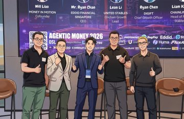 Five men pose together in front of a screen displaying names and titles including "Mill Liao, MONEY In MOTION", "Mr. Ryan Chan", "Leon Li", "Ryan Chua", and "AGENTIC MONEY 2026".