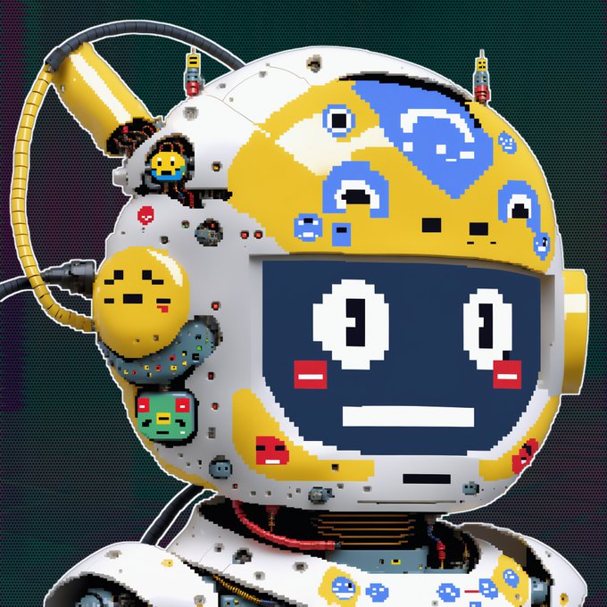 A pixel-art style robotic head with a digital face screen displaying an emoticon, featuring yellow and white casing with various ports and cables.