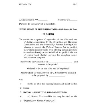 The image shows a page from a Congressional bill (H.R. 3633) titled "Financial Services Committee," proposing a Digital Asset Market Clarity Act amendment related to SEC regulation of digital commodities and central bank digital currencies.

The connection to the post is clear: the image shows the actual legislation behind the "CLARITY Act" that SEC Chair Paul Atkins is preparing to implement, directly referencing the bill being cited in the announcement about crypto regulation.
