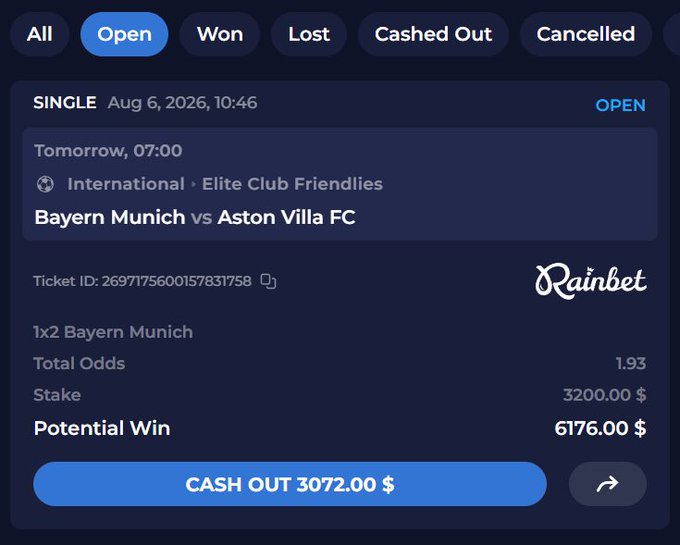 A sports betting slip on Rainbet showing an open single bet on Bayern Munich vs Aston Villa FC (International, Elite Club Friendlies) for tomorrow at 07:00, with a $3,200 stake and potential win of $6,176, or cash out option of $3,072.