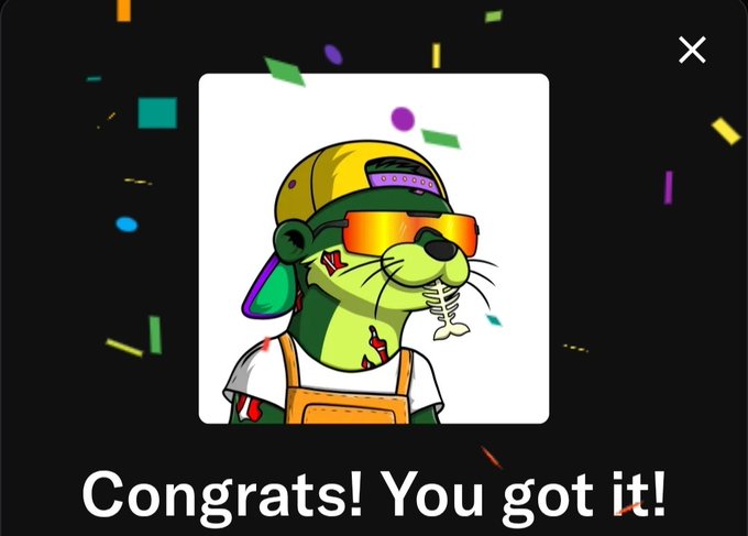 A digital notification card with confetti displays an illustration of a green cartoon cat wearing a yellow cap, orange sunglasses, and overalls, eating a fish bone, with the text 'Congrats! You got it!'.