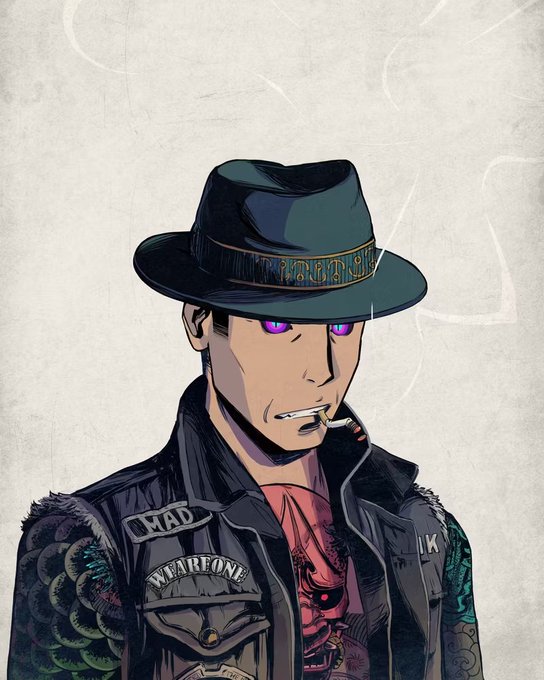 An illustrated character with glowing purple eyes wears a dark green fedora and a leather jacket featuring patches reading "MAD" and "WEAPONE" while smoking a cigarette.