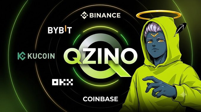 A promotional banner for 'QZINO' featuring a blue-skinned anime character with a halo, surrounded by crypto exchange logos including Binance, Bybit, KuCoin, OKX, and Coinbase.