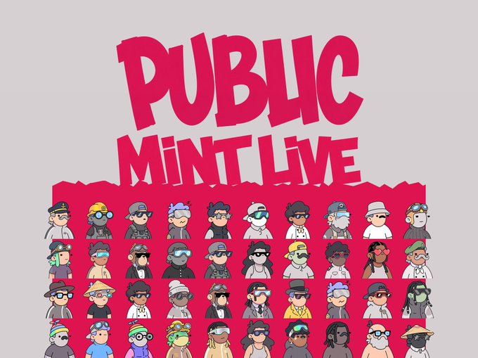 A promotional graphic featuring bold pink text reading 'PUBLIC MINT LIVE' above a grid of cartoon avatars with various hats and accessories set against a pink background.