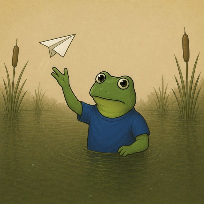 An illustration of a green frog wearing a blue shirt standing in water, reaching up toward a white paper airplane, with cattails in the background.