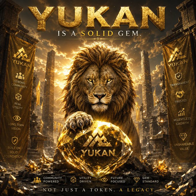 The image features a large, detailed illustration of a lion with its paw resting on a diamond-encrusted crown. The background depicts a cityscape filled with buildings and banners, creating an atmosphere of grandeur and opulence. The caption for the image reads "YUKAN IS ALPHA. The best entries never come with a warning—they come with conviction." This message emphasizes the importance of staying true to one's beliefs and values in the pursuit of success or recognition.