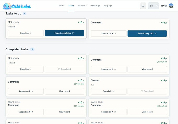 Screenshot of Oshi Labs task interface showing "Tasks to do" including Retweet (+10 points) and Comment (+10 points) options, alongside a "Completed tasks" section listing 16 finished tasks.