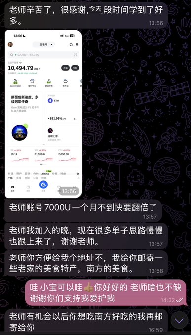 A chat screenshot in Chinese shows users thanking a "teacher" for investment advice, with one message noting a return of "7000U" in a month.