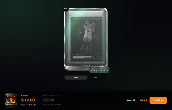 The image shows a digital basketball trading card from "NOIR" featuring D'Tanhan Musa (Limited Edition 11/11) with a market value of $12.00 and a buyback price of $10.20. It relates to the post about the MarketCardsHQ Gacha beta, displaying the card pulled from the digital pack gacha along with options to "Keep" or "Sell" the card at 85% of its market value as mentioned in the text.