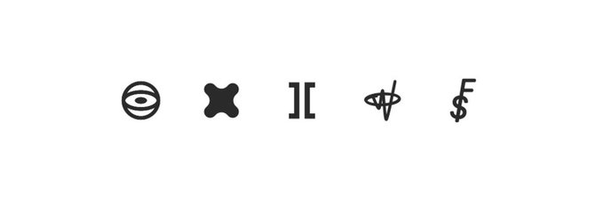 Five black icons in a row on a white background: an eye in a circle, an 'X' shape, brackets ']I', a star with a circle, and a dollar sign 'F'.